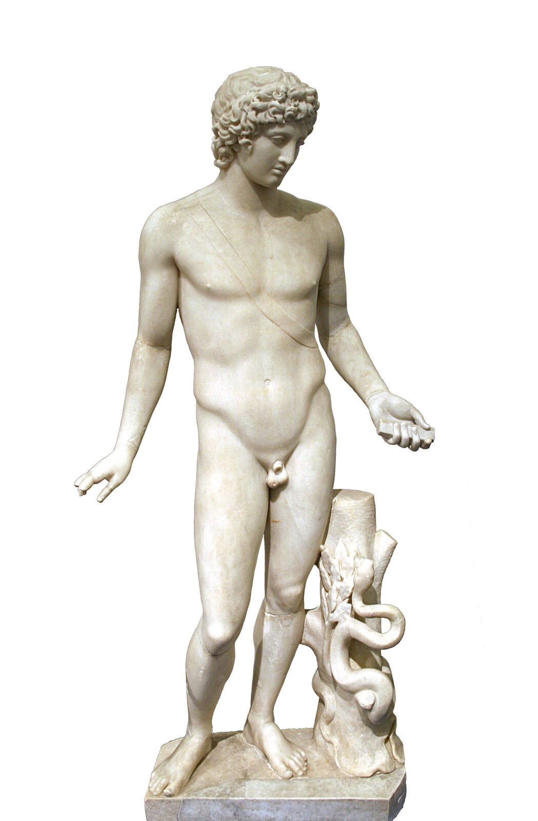 Apollo To kopia rzeźby z II w. n.e. przedstawiającej Apolla, znajdująca się w Muzeum Narodowym w Rzymie. Przyglądając się dziełu, opisz, w jaki sposób autor rzeźby ukazał Apolla. Źródło: Apollo, Muzeum Narodowe w Rzymie, licencja: CC BY-SA 3.0.