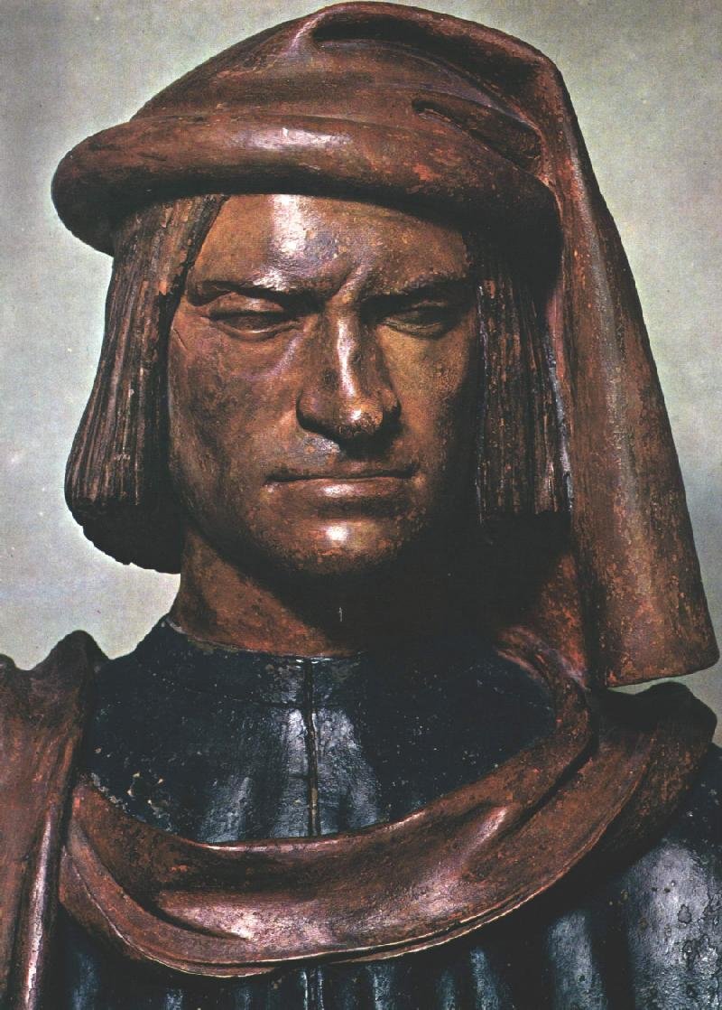 Wawrzyniec Wspaniały – władca (niemal książę), mecenas Źródło: Andrea del Verrocchio, Wawrzyniec Wspaniały – władca (niemal książę), mecenas, 1480, malowana terakota, Muzeum w Waszyngtonie, domena publiczna.