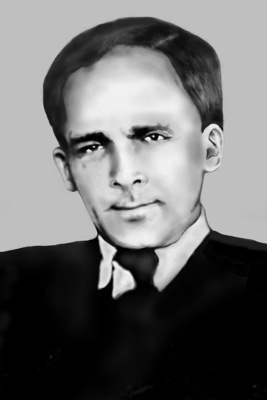 Ilustracja przedstawia Fritza Strassmanna. Mężczyzna w wieku ok. 45 lat. Czoło wysokie, uszy małe, usta wąskie. Oczy ciemne, kąciki oczu opadające. Brwi ciemne, średniej szerokości. Włosy ciemne, starannie uczesane. Przedziałek po prawej (jego lewej) stronie. Mężczyzna ubrany w czarny garnitur, białą koszulę i czarny krawat.