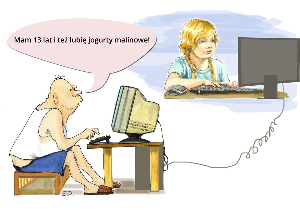 Ilustracja przedstawiająca dziewczynkę, która kontaktuje się za pośrednictwem Internetu z dorosłą osobą podającą się za jej rówieśnika