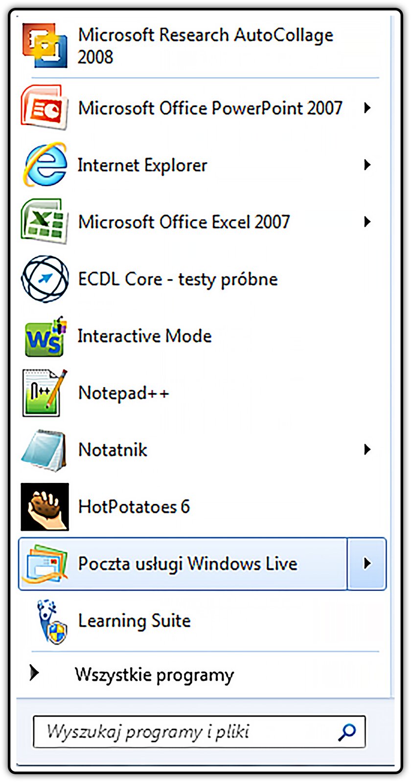 Zrzut okna z listą z zaznaczonym programen: Poczta usługi Windows Live