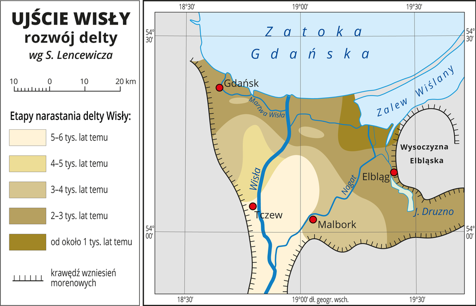 Ilustracja przedstawia mapę ujścia Wisły – stożek napływowy rozszerzający się ku północy. Opisano Wisłę i jej największe odgałęzienie – Nogat oraz Martwą Wisłę. Czerwonymi kropkami oznaczono Gdańsk, Elbląg, Malbork i Tczew. Czarną linią z poprzecznym kreskowaniem oznaczono krawędź wzniesień morenowych stanowiących granicę stożka napływowego Wisły od południa, zachodu i wschodu. Kolorem niebieskim zaznaczono Zatokę Gdańską i Zalew Wiślany i opisano je. Odcieniami koloru beżowego przedstawiono etapy narastania delty Wisły z podziałem na przedziały czasu obejmujące tysiąc lat. Takich przedziałów jest pięć. Kolorem najjaśniejszym oznaczono osady naniesione przez Wisłę pięć do sześciu tysięcy lat temu, obszar ten znajduje się na dole mapy i obejmuje miejsce, w którym Nogat odgałęzia się od Wisły, kolorami ciemniejszymi przedstawiono kolejno naniesione osady, w górę mapy obszary są coraz ciemniejsze. Kolorem najciemniejszym oznaczono osady naniesione około jednego tysiąca lat temu, obszar ten obejmuje tereny położone nad Zalewem Wiślanym. Mapa zawiera południki i równoleżniki, dookoła mapy w białej ramce opisano współrzędne geograficzne co pół stopnia. W legendzie z lewej strony mapy objaśniono kolory użyte na mapie.