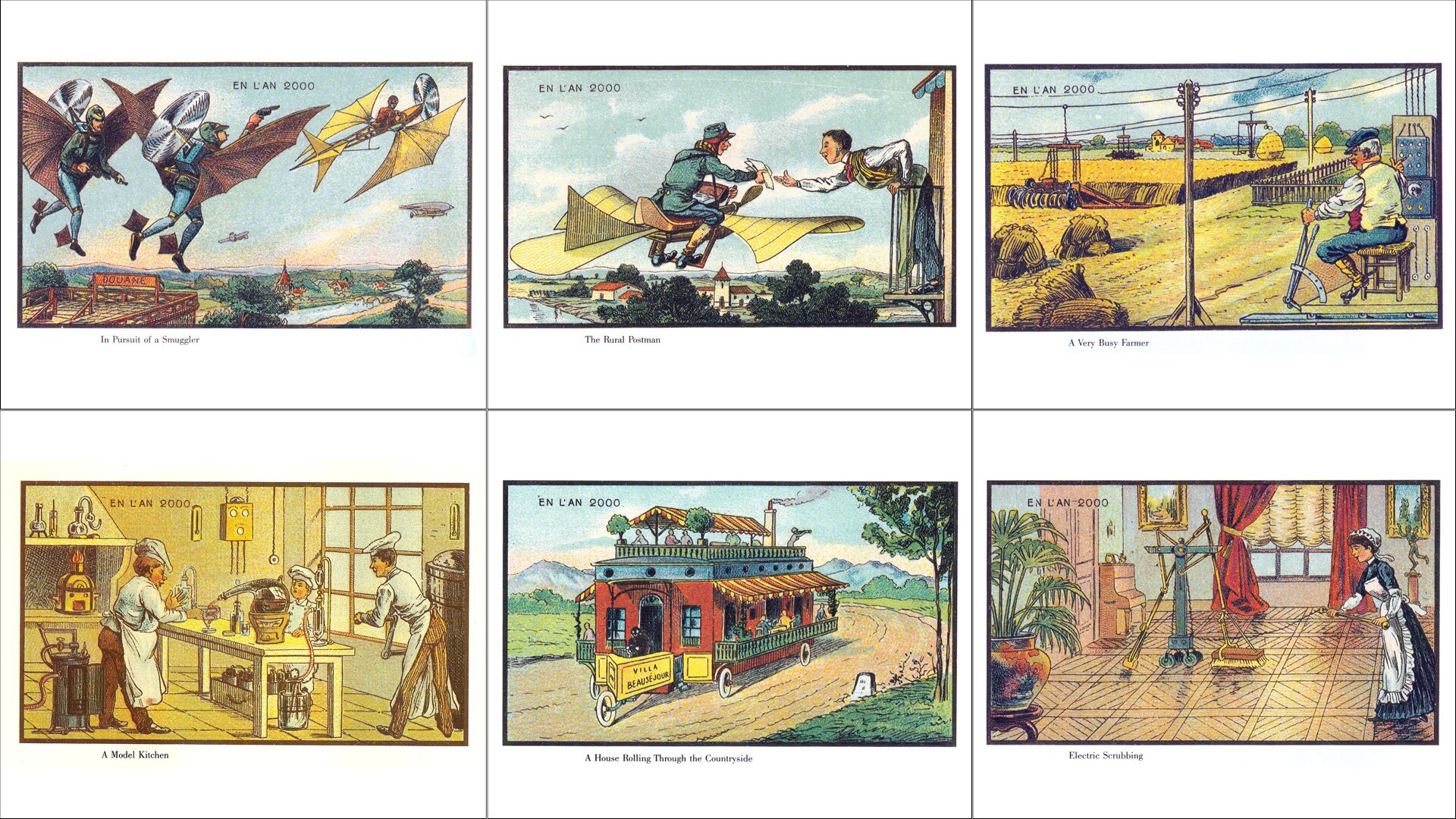 1. Jean-Marc Côté, W roku 2000 – W pogoni za przemytnikiem, kartonowa kartka, 1899; 2. Jean-Marc Côté, W roku 2000 – Wiejski listonosz, kartonowa kartka, 1899; 3. Jean-Marc Côté, W roku 2000 – Zapracowany rolnik, pocztówka, 1899; 4. Jean-Marc Côté, W roku 2000 – Wzorowa kuchnia, kartonowa kartka, 1899; 5. Jean-Marc Côté, W roku 2000 – Dom toczący się przez wieś, kartonowa kartka, 1899; 6. Jean-Marc Côté, W roku 2000 – Elektryczne szorowanie, kartonowa kartka, 1899. 1. Jean-Marc Côté, W roku 2000 – W pogoni za przemytnikiem, kartonowa kartka, 1899; 2. Jean-Marc Côté, W roku 2000 – Wiejski listonosz, kartonowa kartka, 1899; 3. Jean-Marc Côté, W roku 2000 – Zapracowany rolnik, pocztówka, 1899; 4. Jean-Marc Côté, W roku 2000 – Wzorowa kuchnia, kartonowa kartka, 1899; 5. Jean-Marc Côté, W roku 2000 – Dom toczący się przez wieś, kartonowa kartka, 1899; 6. Jean-Marc Côté, W roku 2000 – Elektryczne szorowanie, kartonowa kartka, 1899. Źródło: Jean-Marc Côté, domena publiczna.