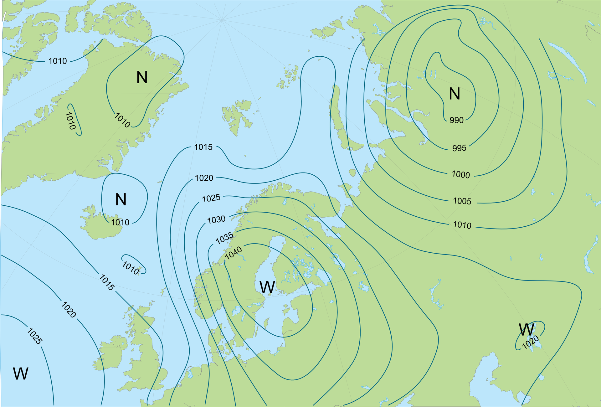Ilustracja przedstawia mapę północnych krańców Europy i Azji oraz Grenlandię. Lądy zaznaczone kolorem zielonym. Morza zaznaczone kolorem niebieskim. Literami en zaznaczone trzy ośrodki niżowe w górnej części mapy. Literami wu zaznaczone trzy ośrodki wyżowe w dolnej części mapy. Wokół każdego ośrodka poprowadzono linie. Te linie to izobary. Każdą izobarę opisano liczbą. Ich wartości rosną w kierunku ośrodków wyżowych, a maleją w kierunku ośrodków niżowych. Minimalna wartość izobary to dziewięćset dziewięćdziesiąt. Maksymalna wartość izobary to tysiąc czterdzieści.