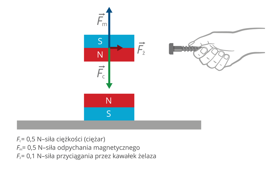 Schemat przedstawia siłę równoważącą. Widoczne są dwa magnesy oraz ręka trzymająca śrubę. Magnesy znajdują się jeden nad drugim. Nie stykają się. Zwrócone są do siebie tymi samymi biegunami (północnymi). Z prawej strony, na wysokości górnego magnesu narysowana jest ręka, która trzyma żelazną śrubę. Na schemacie oznaczono, jakie siły działają na góry magnes. Wektory trzech sił mają wspólny punkt przyłożenia. Punkt przyłożenia znajduje się na środku górnego magnesu. Dwie z sił leżą na tej samej prostej, prostopadłej do podłoża. Wektory mają ten sam kierunek, ale przeciwne zwroty. Wektor siły ciężkości (ciężaru), zwrócony jest ku dołowi. Siła ciężkości ma wartość 0,5 niutona. Wektor siły odpychania magnetycznego zwrócony jest ku górze. Siła odpychania magnetycznego również ma wartość 0,5 niutonów. Trzeci wektor to wektor siły przyciągania przez kawałek żelaza. Skierowany jest równolegle do podłoża. Zwrócony jest ku śrubie. Siła przyciągania ma wartość 0,1 niutona.