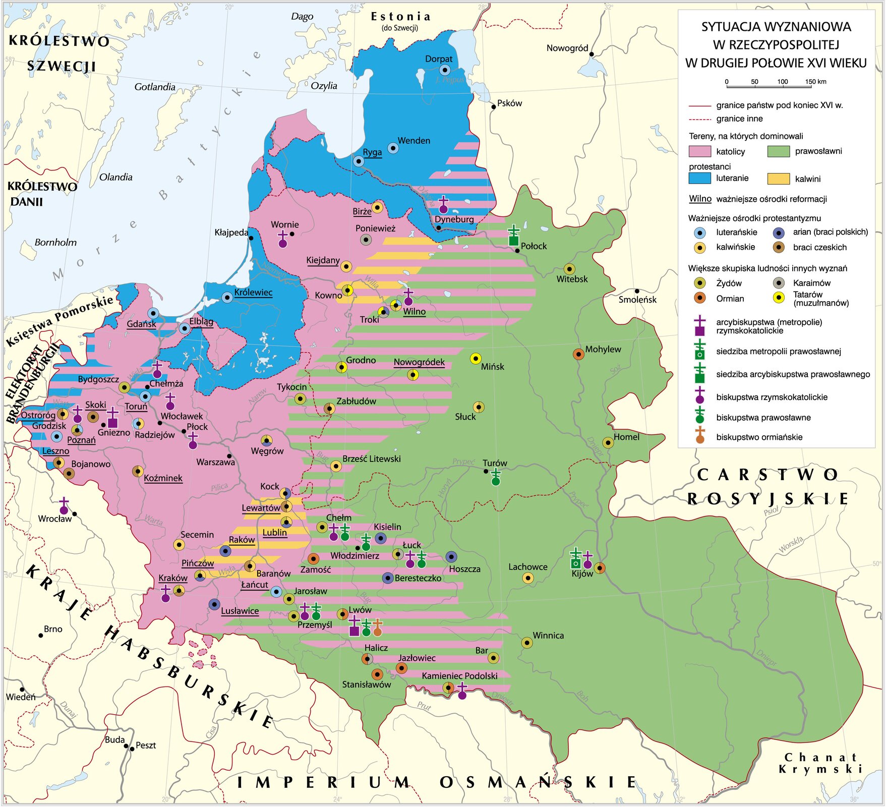 Sytuacja wyznaniowa w Rzeczypospolitej ok. połowy XVI w. Sytuacja wyznaniowa w Rzeczypospolitej ok. połowy XVI w. Źródło: Krystian Chariza i zespół, licencja: CC BY 3.0.