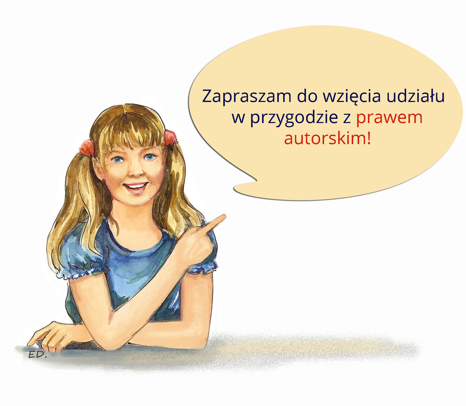 Ilustracja przedstawiająca dziewczynkę zaproszającą do zapoznania się z prawem autorskim