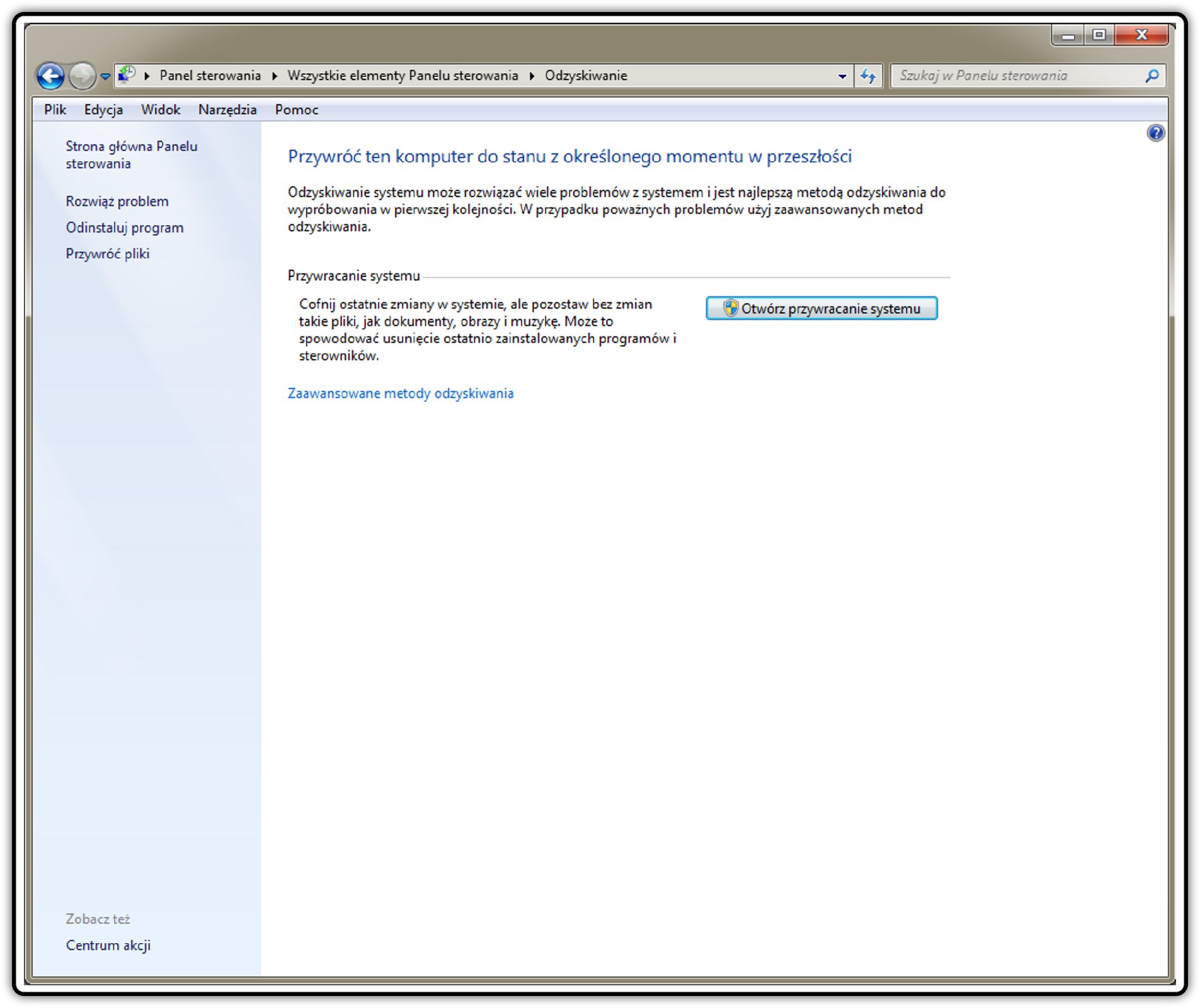Zrzut okna: Odzyskiwanie w systemie operacyjnym Windows