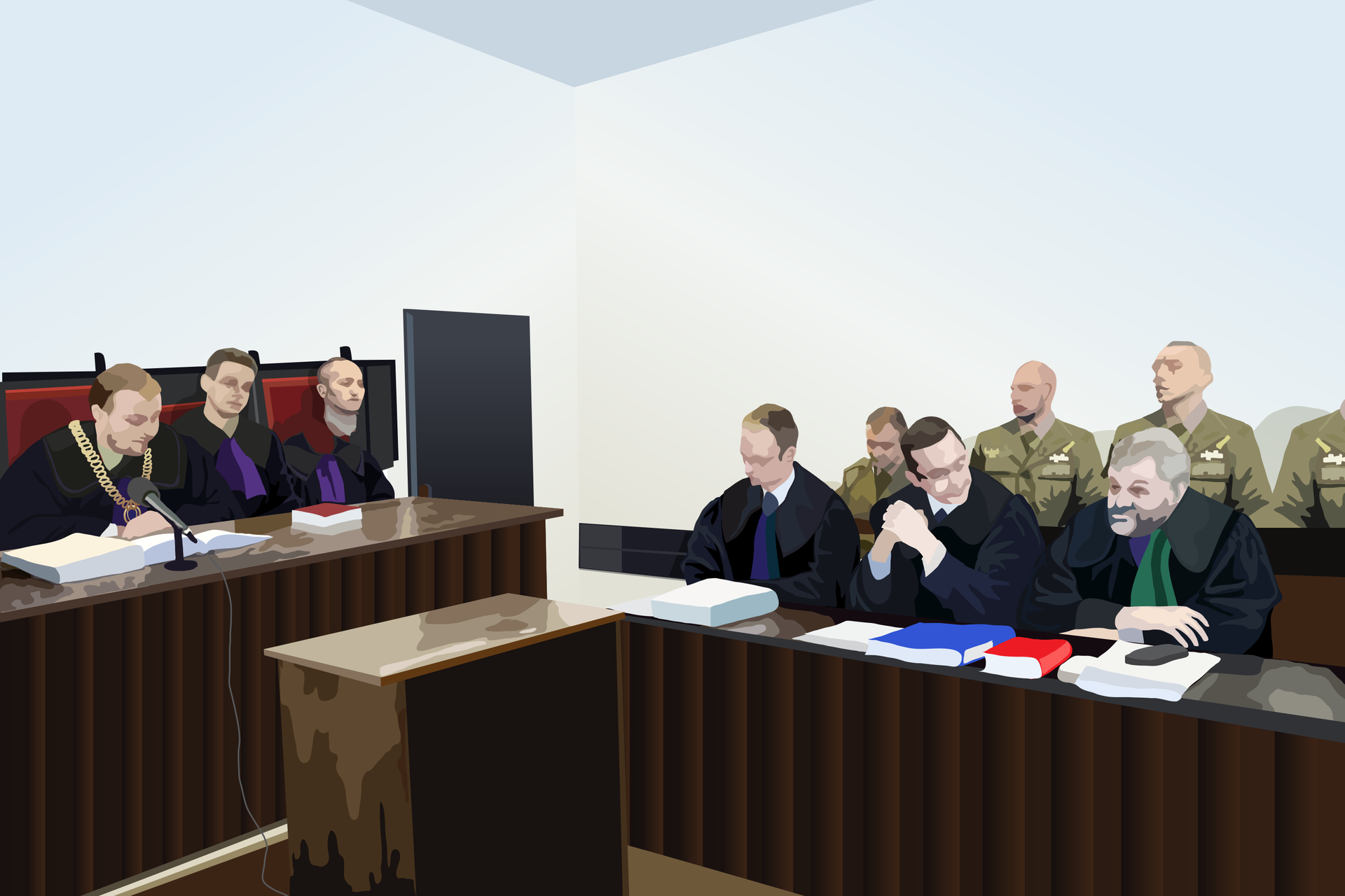 Kolorowe zdjęcie przedstawia salę sądową. Po lewej ława sędziowska. Sędzia oraz 2 ławników na prawo do sędziego. Po prawej stronie ława prostopadle ustawiona do sędziego. Trzy osoby siedzą: od lewej radca, oskarżony i adwokat. W głębi, za siedzącymi, stoją 4 żołnierze w mundurach.