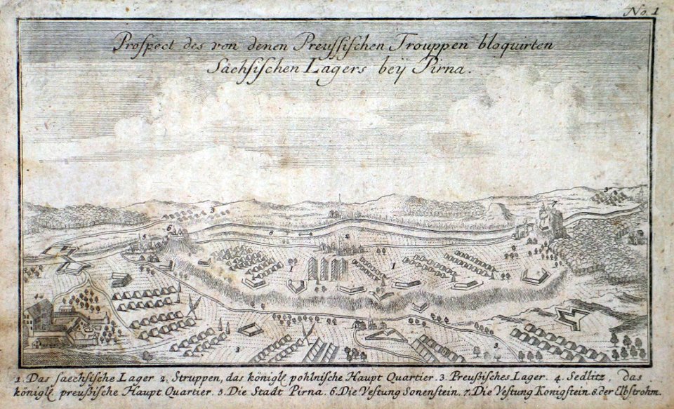 Plan oblężenia wojsk saskich w twierdzy Pirna w 1756 r. Plan oblężenia wojsk saskich w twierdzy Pirna w 1756 r. Źródło: 1758, domena publiczna.