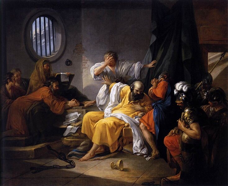 Śmierć Sokratesa Źródło: Jacques-Philip-Joseph de Saint-Quentin, Śmierć Sokratesa, 1762, olej na płótnie, École nationale supérieure des Beaux-Arts, domena publiczna.