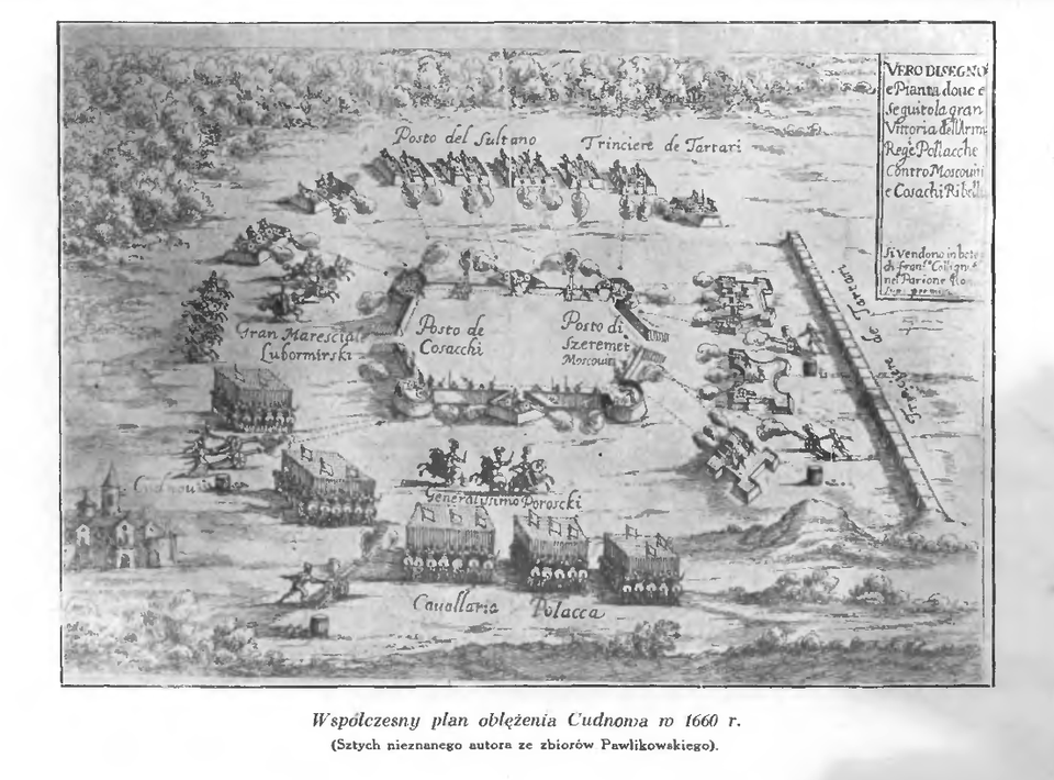Sztych nieznanego autora, przedstawiający bitwę pod Cudnowem 1660 r. ("Przegląd Historyczno-Wojskowy" 1929, T. 1, zeszyt 2) Sztych nieznanego autora, przedstawiający bitwę pod Cudnowem 1660 r. ("Przegląd Historyczno-Wojskowy" 1929, T. 1, zeszyt 2) Źródło: domena publiczna.