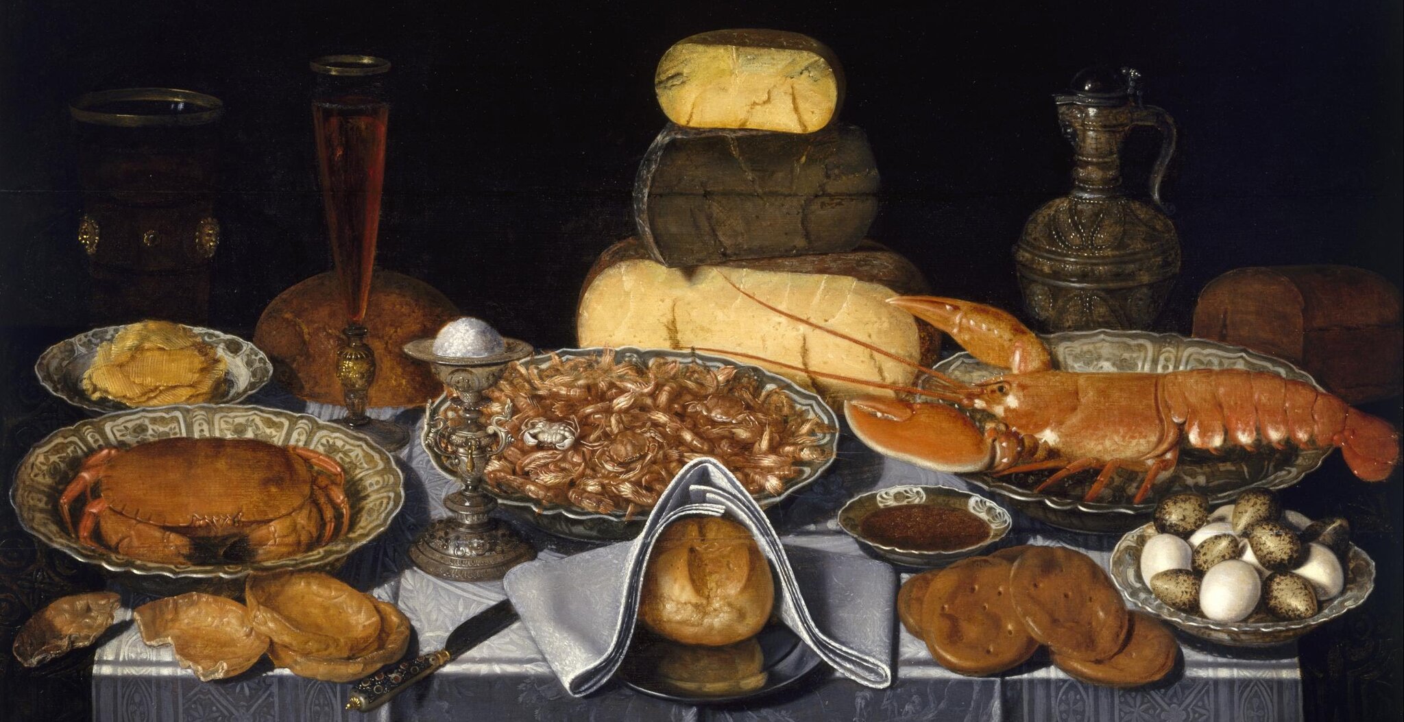 Martwa natura z krabem, krewetką i homarem Źródło: Clara Peeters, Martwa natura z krabem, krewetką i homarem, 1635–1640, olej na płótnie, domena publiczna.