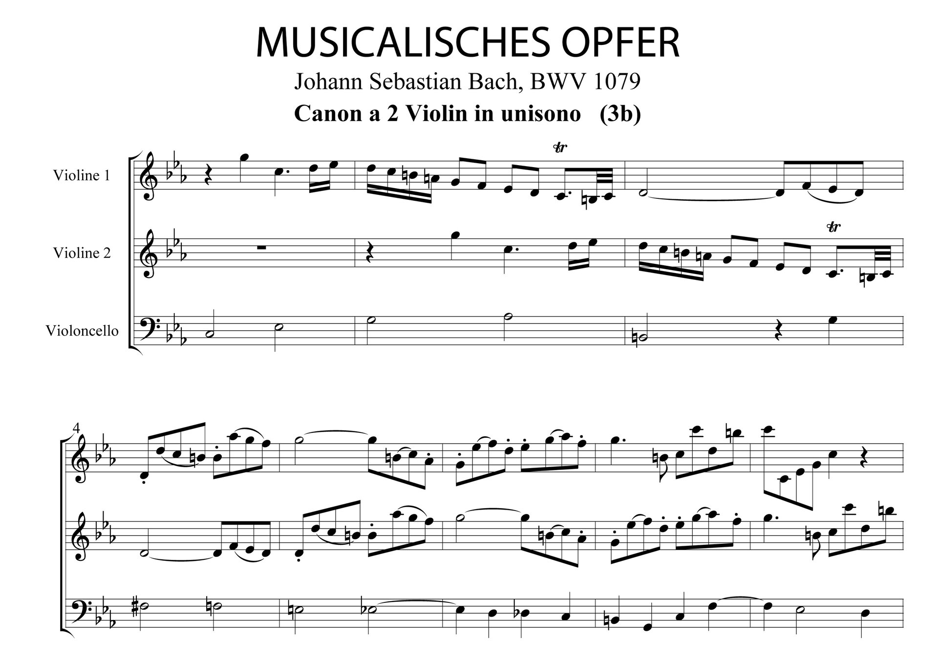 Ilustracja przedstawia zapis nut utworu „Musikalisches Opfer”, Canon a 2 Violin in unisono, takty 1, autorstwa: Jana Sebastiana Bacha.