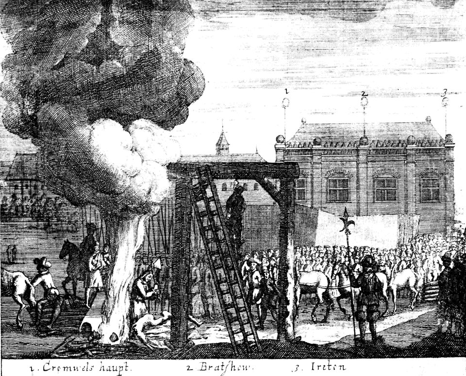 Symboliczna egzekucja Cromwella w 1661 r. – pod płonącym stosem napis „głowa Cromwella” Symboliczna egzekucja Cromwella w 1661 r. – pod płonącym stosem napis „głowa Cromwella” Źródło: domena publiczna.