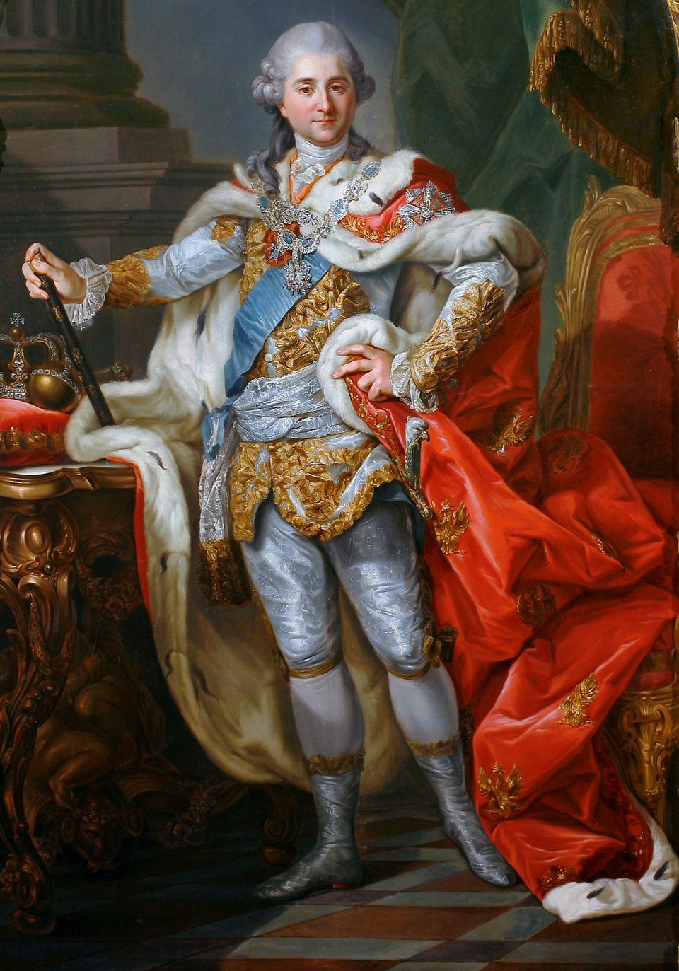 Portret Stanisława Augusta Poniatowskiego w stroju koronacyjnym Źródło: Marcello Bacciarelli, Portret Stanisława Augusta Poniatowskiego w stroju koronacyjnym, 1864, Olej na płótnie, Zamek Królewski w Warszawie, domena publiczna.