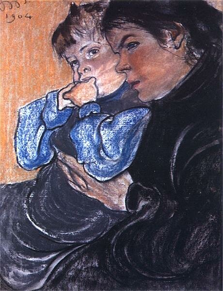 Żona artysty z synkiem Stasiem Źródło: Stanisław Wyspiański, Żona artysty z synkiem Stasiem, 1904, pastel na papierze, Muzeum Górnośląskie w Bytomiu, domena publiczna.