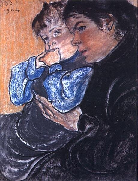 Żona artysty z synkiem Stasiem Źródło: Stanisław Wyspiański, Żona artysty z synkiem Stasiem, 1904, pastel na papierze, Muzeum Górnośląskie w Bytomiu, domena publiczna.