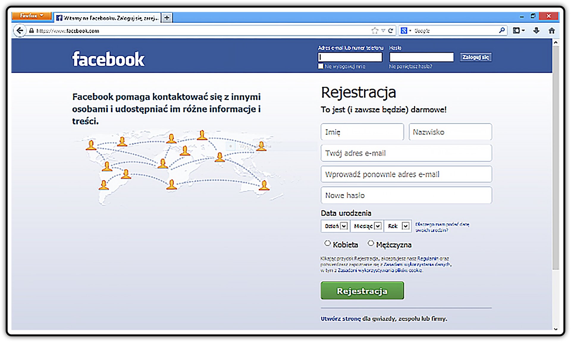 Zrzut okna logowania i rejestracji portalu społecznościowego facebook
