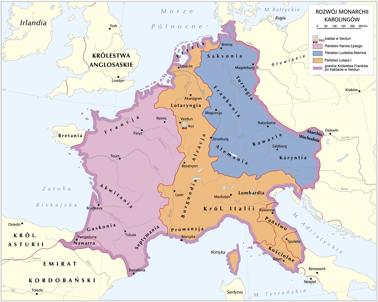 mapa monarchii karolingów po traktacie z Verdun