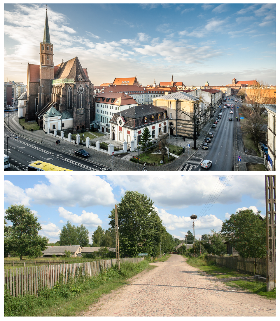 Dwie fotografie jedna pod drugą przedstawiają krajobraz miasta i wsi.Na fotografii miasta na pierwszym planie jest widoczne skrzyżowanie dwóch szerokich, kilkupasmowych ulic z poruszającymi się po nich samochodami. Na drugim planie widoczne liczne budynki różnej wysokości oraz zabytkowa katedra. Na fotografii wsi na pierwszym planie jest widoczna nieutwardzona droga, wzdłuż której biegnie płot oraz rosną drzewa i trawnik. Na drugim planie widoczne niskie, nieliczne budynki.