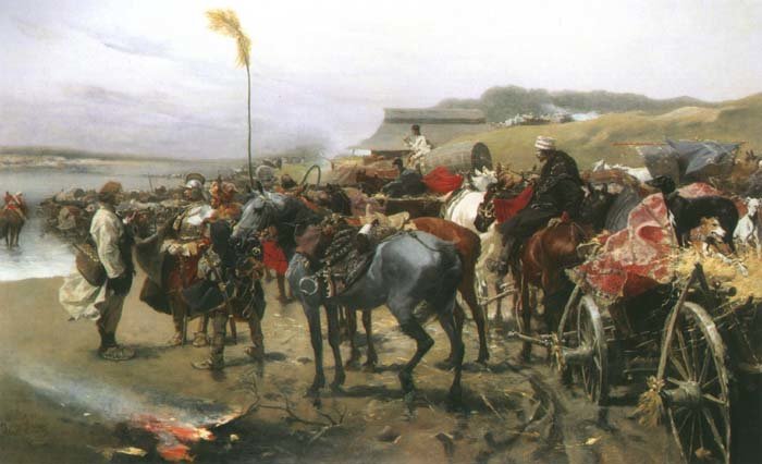 Pospolite ruszenie u brodu Obraz Józefa Brandta (1841-1915) zatytułowany „Pospolite ruszenie u brodu”. Obraz obecnie znajduje się w rękach prywatnych. Źródło: Józef Brandt, Pospolite ruszenie u brodu, 1880, domena publiczna.