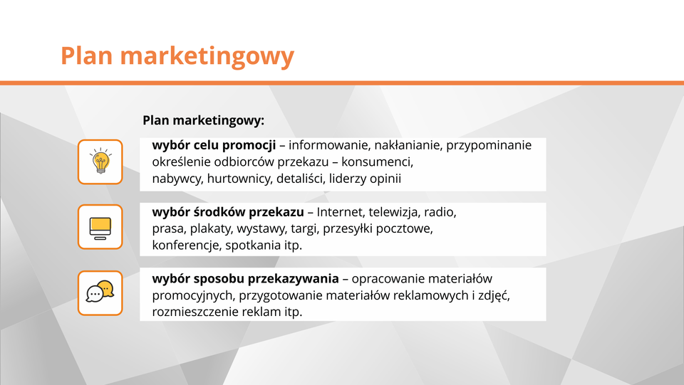 Grafika zawiera elementy tworzenia planu marketingowego.