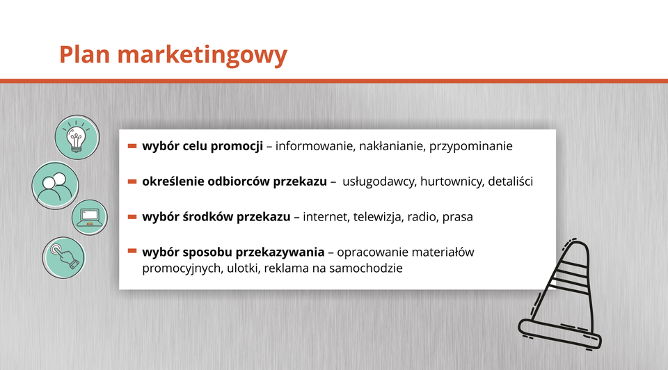 Grafika zawiera elementy tworzenia planu marketingowego