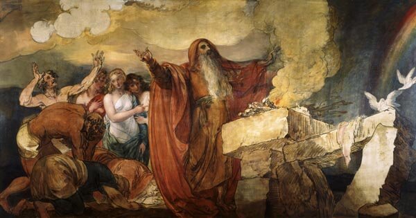 Noe składający ofiarę po potopie Źródło: Benjamin West, Noe składający ofiarę po potopie, ok. 1800, olej na płótnie, San Antonio Museum of Art, domena publiczna.