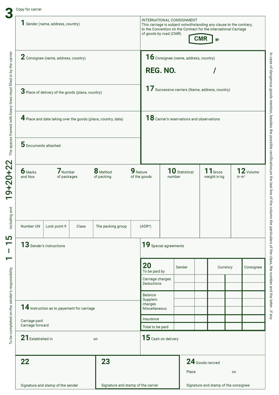 The document shows the CMR waybill that is used in international road transport. Dokument przedstawia list przewozowy CMR, który używany jest w międzynarodowym transporcie drogowym.