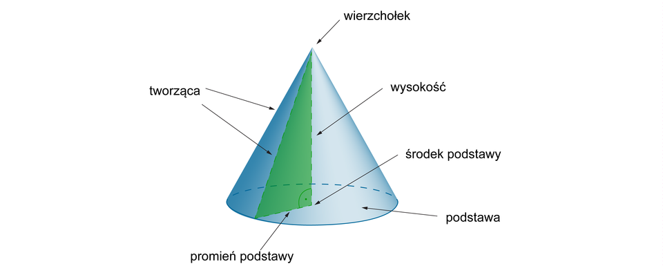 Rysunek stożka z zaznaczonym wierzchołkiem, wysokością, środkiem podstawy, podstawą, promieniem podstawy, tworzącą stożka.