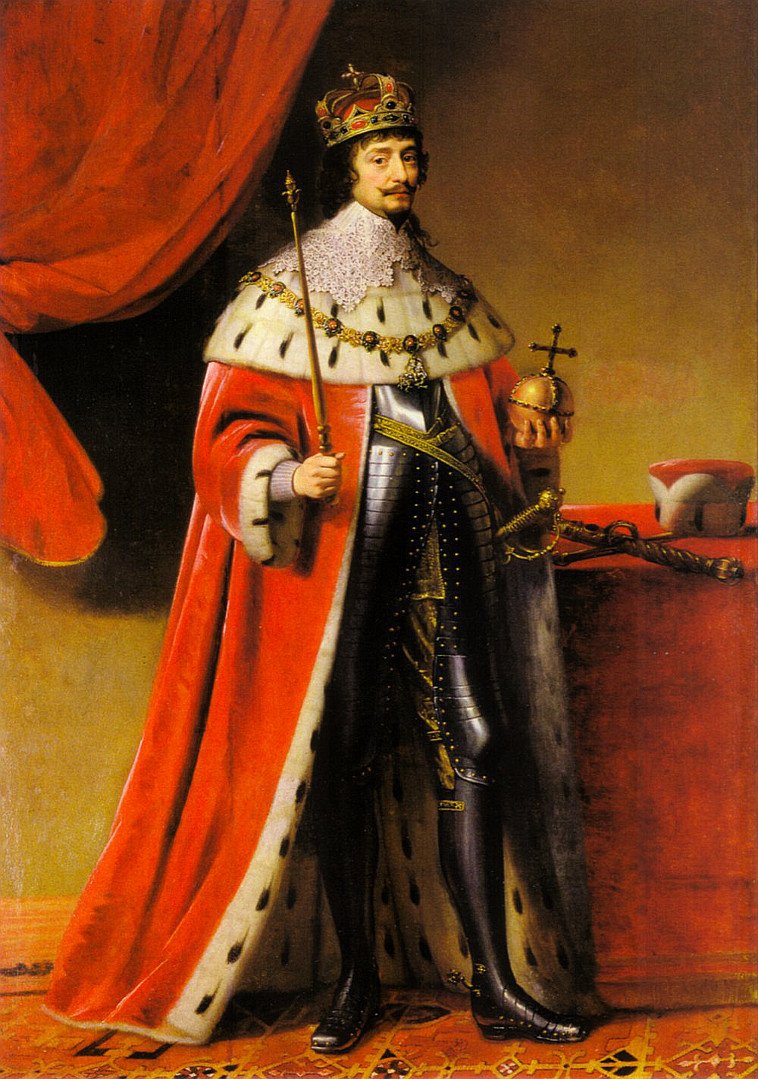 Portret Fryderyka V, Elektora Palatynatu (1596-1632), jako króla Czech Król Czech, Fryderyk I Wittelsbach, zwany "królem zimowym" - panował tylko nieco ponad rok (określenie zima było też używane jako miara upływu czasu) - i w historii znany jest bardziej pod tym przezwiskiem. Obalony po przegranej bitwie pod Białą Górą w 1620 roku. Miarą jego zdolności przywódczych jest fakt, że nie zdążył na pole bitwy, zatrzymany na Hradczanach przez obiad wydany na cześć angielskiego ambasadora. Źródło: Gerrit van Honthorst, Portret Fryderyka V, Elektora Palatynatu (1596-1632), jako króla Czech, olej na płótnie, domena publiczna.