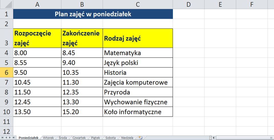 Zrzut arkusza z przykładową sformarowaną tabelą