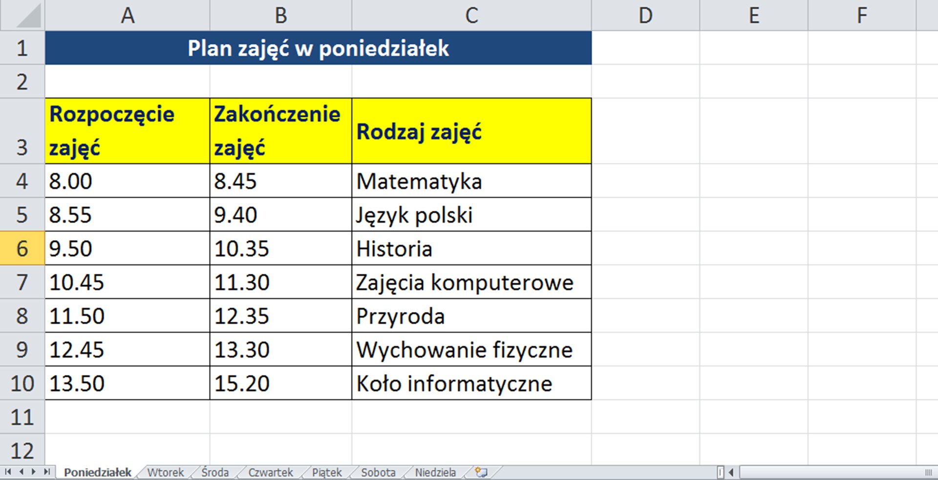 Zrzut arkusza z przykładową sformarowaną tabelą