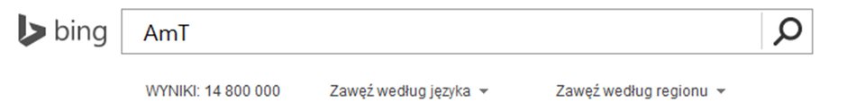 Zrzut paska wyszukiwarki Bing z wpisanym AmT oraz widocznym wynikiem wyszukiwania