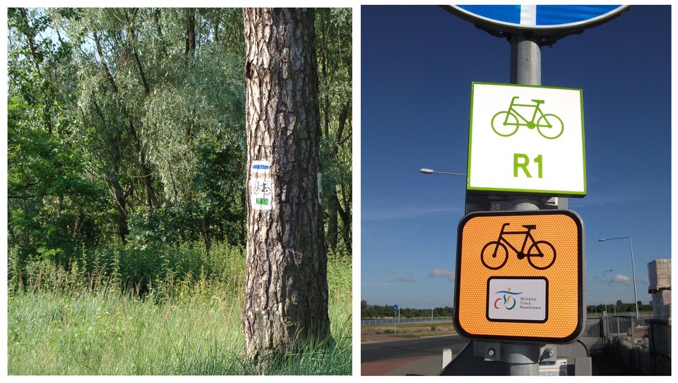 Fotografia z lewej przedstawia pień drzewa na tle lasu. Na pniu znajduje się biało – niebieski symbol szlaku turystycznego. Pod nim w białym kwadracie symbol roweru i zielony pasek. To oznakowanie trasy. Fotografia z prawej przedstawia dwie tabliczki z oznaczeniem tras rowerowych. Znajdują się na metalowym słupie znaku drogowego przy szosie. Górna, biała ma zielony symbol roweru i napis R1, czyli oznaczenie szlaku europejskiego. Dolna, pomarańczowa ma czarny symbol roweru i kolorowy znaczek na białym tle. To oznakowanie trasy regionalnej.