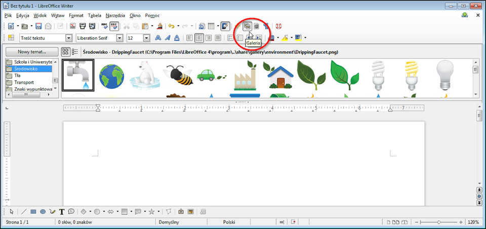 Zrzut okna programu LibreOffice Writer z pokazanym narzędziem do wstawiania clipartów