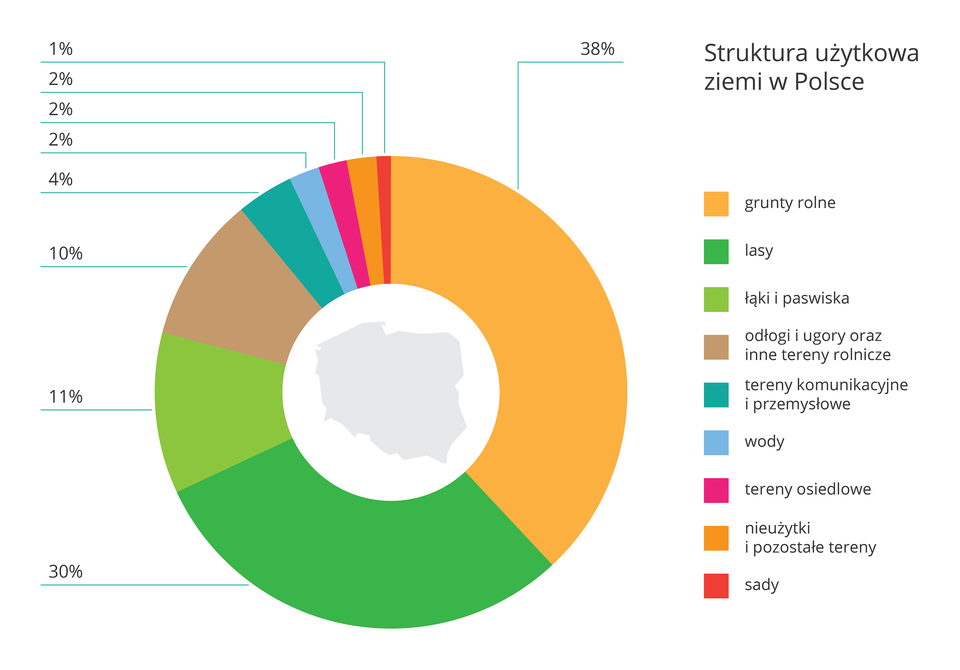 IIlustracja przedstawia kolorowy diagram pierścieniowy. Poszczególne barwy oznaczają procentowy udział różnych sposobów użytkowania gruntu w Polsce. Największy jest udział gruntów rolnych, najmniejszy sadów.