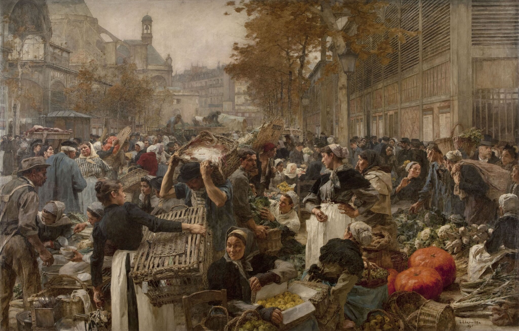 Les Halles Targ w Paryżu w drugiej połowie XIX wieku Źródło: Léon Lhermitte (1844–1925; czyt.: leon lermit; francuski malarz), Les Halles, domena publiczna.