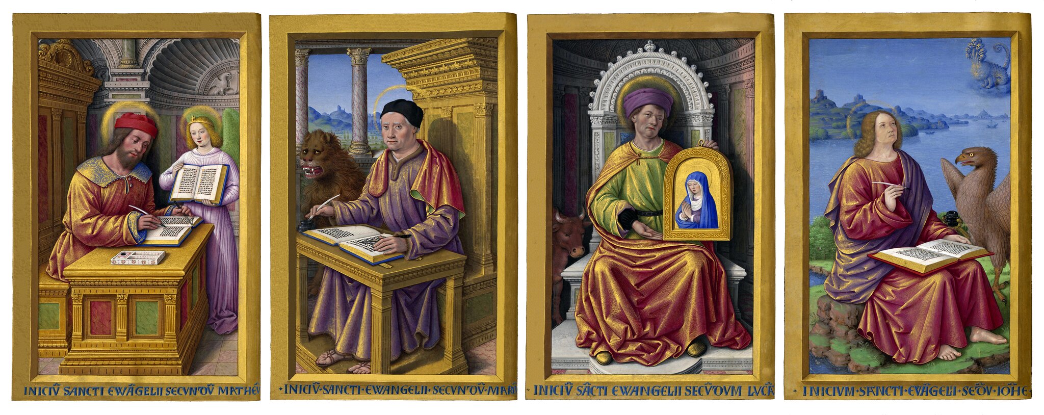 Ewangeliści (Mateusz, Marek, Łukasz, Jan), Grandes Heures d'Anne de Bretagne Ewangeliści (Mateusz, Marek, Łukasz, Jan), Grandes Heures d'Anne de Bretagne Źródło: Jean Bourdichon, 1503–1508, Bibliothèque nationale de France, domena publiczna.