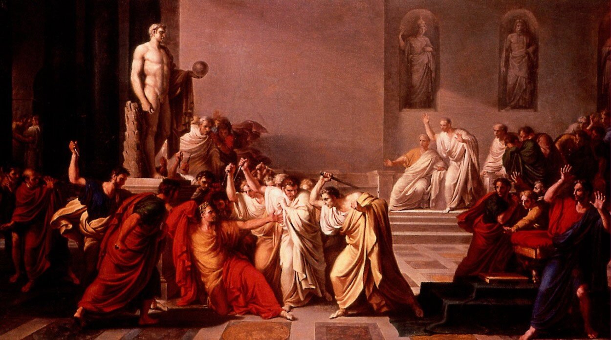 Śmierć Juliusza Cezara Źródło: Vincenzo Camuccini, Śmierć Juliusza Cezara, 1804-1805, olej na płótnie, Galleria Nazionale d'Arte Moderna, domena publiczna.
