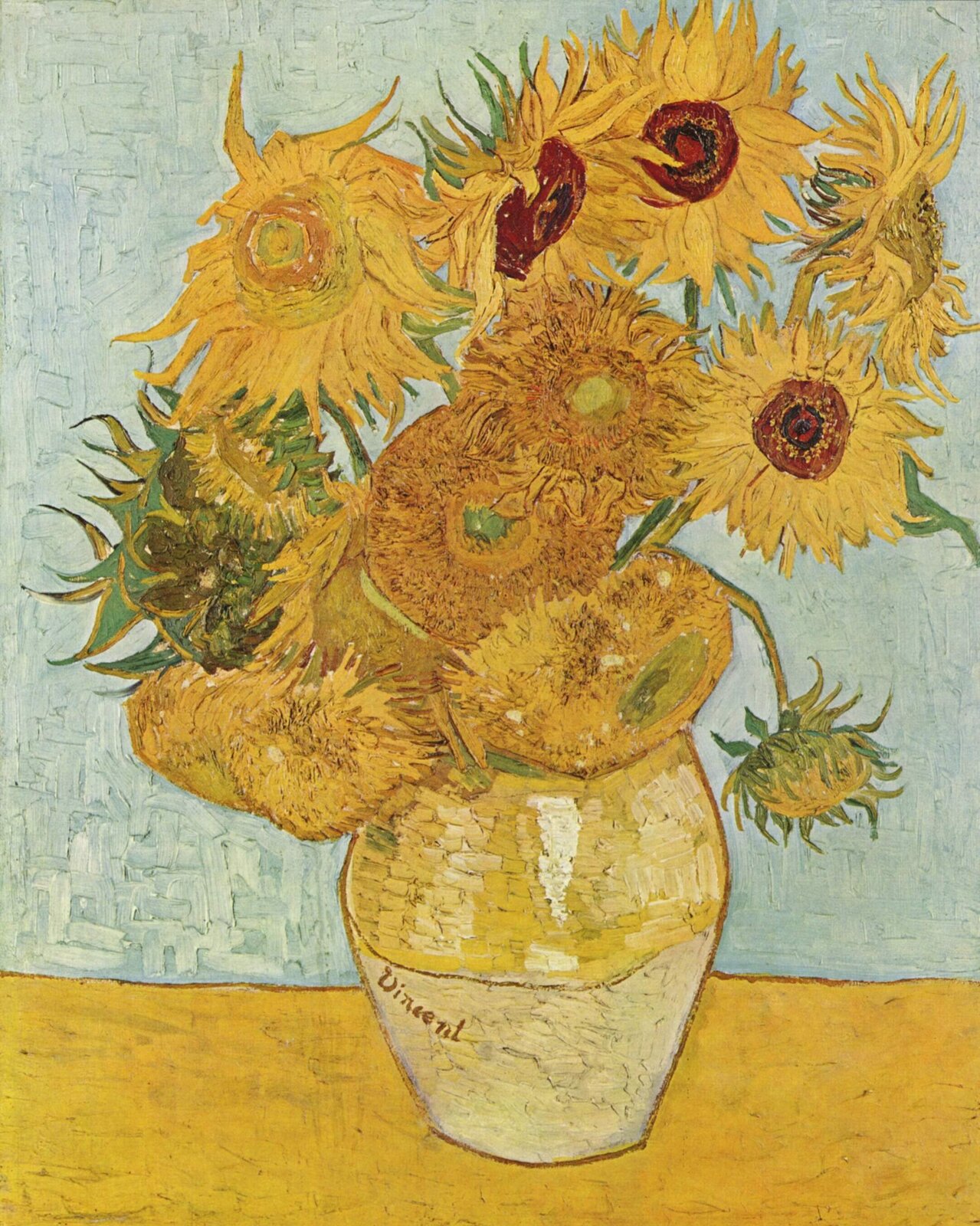 Vincent van Gogh, Wazon z dwunastoma słonecznikami, 1888 Źródło: The Yorck Projec, Vincent van Gogh, Wazon z dwunastoma słonecznikami, 1888, olej na płótnie, Neue Pinakothek, Monachium,, licencja: CC 0.
