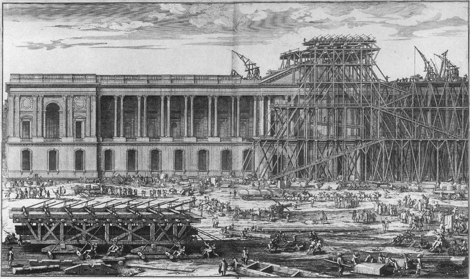 Wznoszenie wschodniej fasady Luwru, którą projektował podczas swojego pobytu we Francji Bernini, ale którą ostatecznie wzniesiono wg projektu francuskiego architekta Clauda Peraulta Wznoszenie wschodniej fasady Luwru, którą projektował podczas swojego pobytu we Francji Bernini, ale którą ostatecznie wzniesiono wg projektu francuskiego architekta Clauda Peraulta Źródło: Sébastien Leclerc, 1674, domena publiczna.