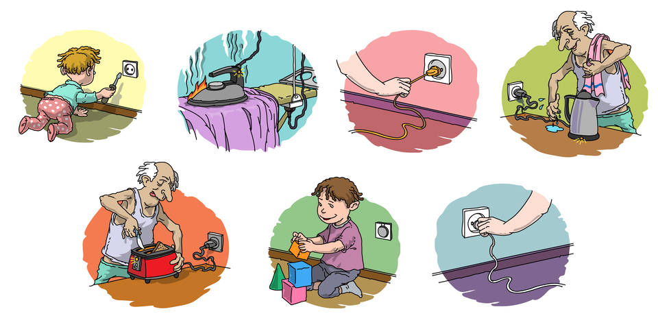 Ilustracja przedstawia siedem rysunków, oddających zasady bezpiecznego i nierozważnego korzystania z urządzeń elektrycznych. Na pierwszym zaprezentowane jest dziecko wkładające śrubokręt do gniazdka z prądem. Kolejna ilustracja przedstawia włączone żelazko postawione stopą i tak pozostawione na prasowanej odzieży, co spowodowało iskry i płomień. Na trzecim rysunku ktoś wyjmuje wtyczkę z gniazdka elektrycznego ciągnąc nierozważnie za kabel. Na kolejnym rysunku zaprezentowano mężczyznę obsługującego mokrymi rękoma czajnik elektryczny podłączony do prądu i uruchomiony. Na rysunku obok - ten sam mężczyzna próbuje oczyścić wnętrze tostera za pomocą noża. Toster jest podłączony do prądu i uruchomiony. Dwie ostanie ilustracje to przykład rozważnego korzystania z urządzeń elektrycznych: pierwsza z nich obrazuje gniazdko elektryczne zabezpieczone zaślepką, przy którym bawi się bezpieczne dziecko, na drugiej zaprezentowano prawidłowe wyjmowanie wtyczki z gniazdka elektrycznego.