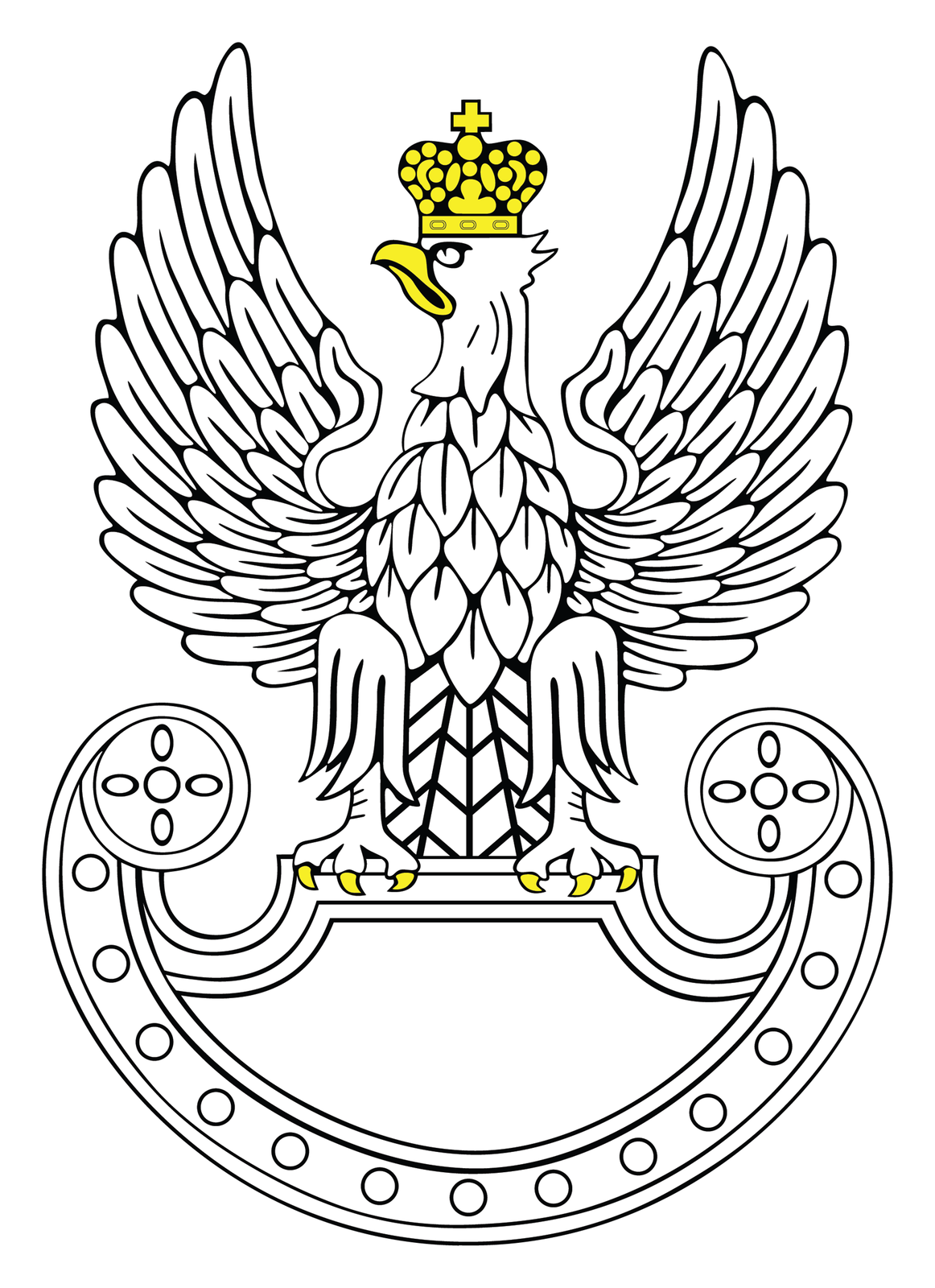 Ilustracja przedstawia symbol wojsk lądowych stylizowany na godło orła polskiego. Biały orzeł ze skrzydłami wzniesionymi ku górze. Głowa z żółtym dziobem skierowana w prawo. Na głowie żółta korona. Na szczycie korony krzyż równoramienny. Szpony orła zakończone żółtymi pazurami przytrzymują tarczę. Orzeł osadzony jest na tarczy amazonek. Tarcza zakończone półkoliście w dolnej części. Kształt tarczy tworzy formę półksiężyca ułożonego poziomo. Końce tarczy zaokrąglone. Wnętrze tarczy białe.
