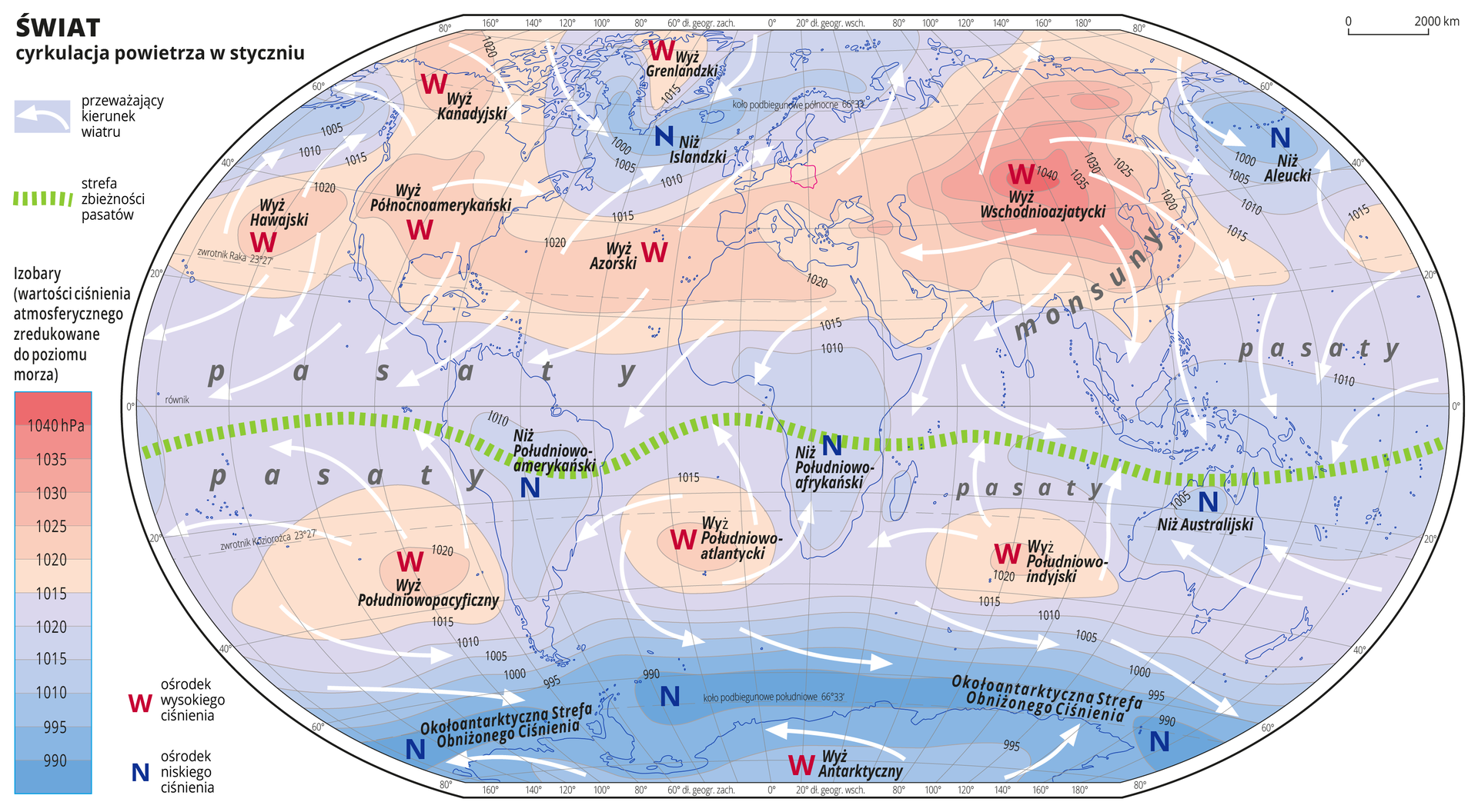 Ilustracja przedstawia mapę świata i obrazuje cyrkulację powietrza w styczniu. Na mapie kolorami zaznaczono wartości ciśnienia atmosferycznego zredukowane do poziomu morza. Odcienie koloru czerwonego oznaczają obszary o wysokim ciśnieniu, odcienie koloru niebieskiego oznaczają obszary o niskim ciśnieniu. Obszary o wysokim ciśnieniu położone są w Ameryce Północnej, na Grenlandii, w północnej, środkowej i wschodniej części Azji oraz na oceanach w pobliżu obu zwrotników. Obszary o niskim ciśnieniu atmosferycznym położone są na Antarktydzie i otaczających ją wodach aż do krańcowych punktów Ameryki Południowej, Afryki i Australii, obejmują całą Amerykę Południową, środkową i południową część Afryki , Australię i Oceanię, Islandię i Aleuty. Czerwonymi literami W opisano ośrodki wysokiego ciśnienia, niebieskimi literami N opisano ośrodki niskiego ciśnienia. Podano również nazwy ośrodków wysokiego i niskiego ciśnienia. Na mapie opisano izobary co pięć hektopaskali. Najniższa wartość wynosi dziewięćset dziewięćdziesiąt hektopaskali, najwyższa wartość wynosi tysiąc czterdzieści hektopaskali. Białymi strzałkami oznaczono przeważający kierunek wiatru. Układają się one w różnych kierunkach. Zieloną przerywaną linią zaznaczono strefę zbieżności pasatów. Przebiega ona nieco poniżej równika. Opisano pasaty – wzdłuż strefy zbieżności pasatów oraz monsuny – na południowo-wschodnim wybrzeżu Azji. Mapa pokryta jest równoleżnikami i południkami. Dookoła mapy w białej ramce opisano współrzędne geograficzne co dwadzieścia stopni. Po lewej stronie mapy w legendzie umieszczono prostokątny pionowy pasek. Pasek podzielono na dwanaście części. U góry sześć odcieni koloru czerwonego od ciemnego do jasnego, na dole sześć odcieni koloru niebieskiego od jasnego do ciemnoniebieskiego. Linie pomiędzy odcieniami kolorów – izobary – opisano co pięć hektopaskali. Kolor czerwony oznacza obszary o wysokim ciśnieniu – powyżej tysiąc piętnaście hektopaskali, kolor niebieski oznacza obszary o niskim ciśnieniu.