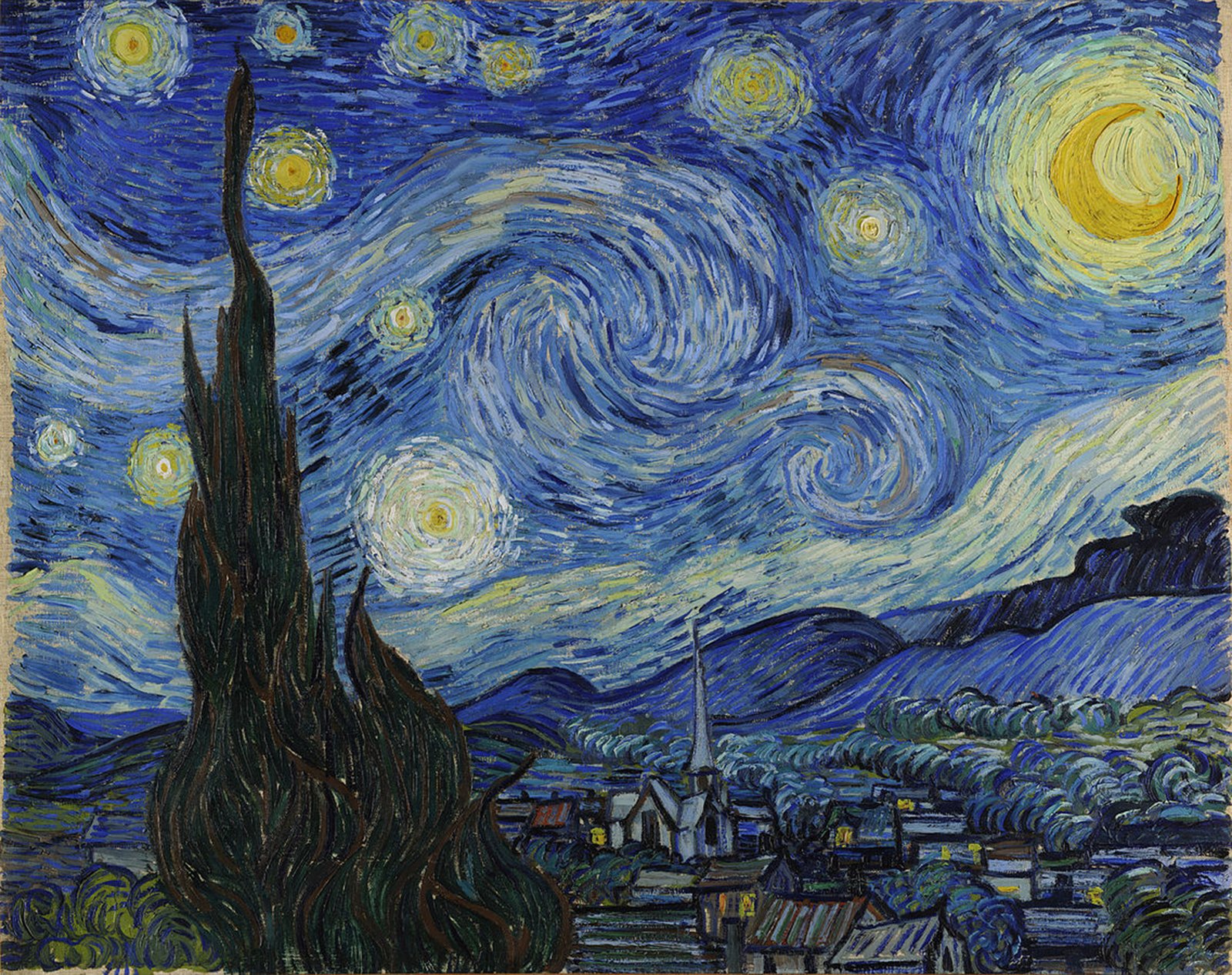 Gwiaździsta noc (Cyprysy i wieś) Źródło: Vincent van Gogh, Gwiaździsta noc (Cyprysy i wieś), 1889, olej na płótnie, domena publiczna.