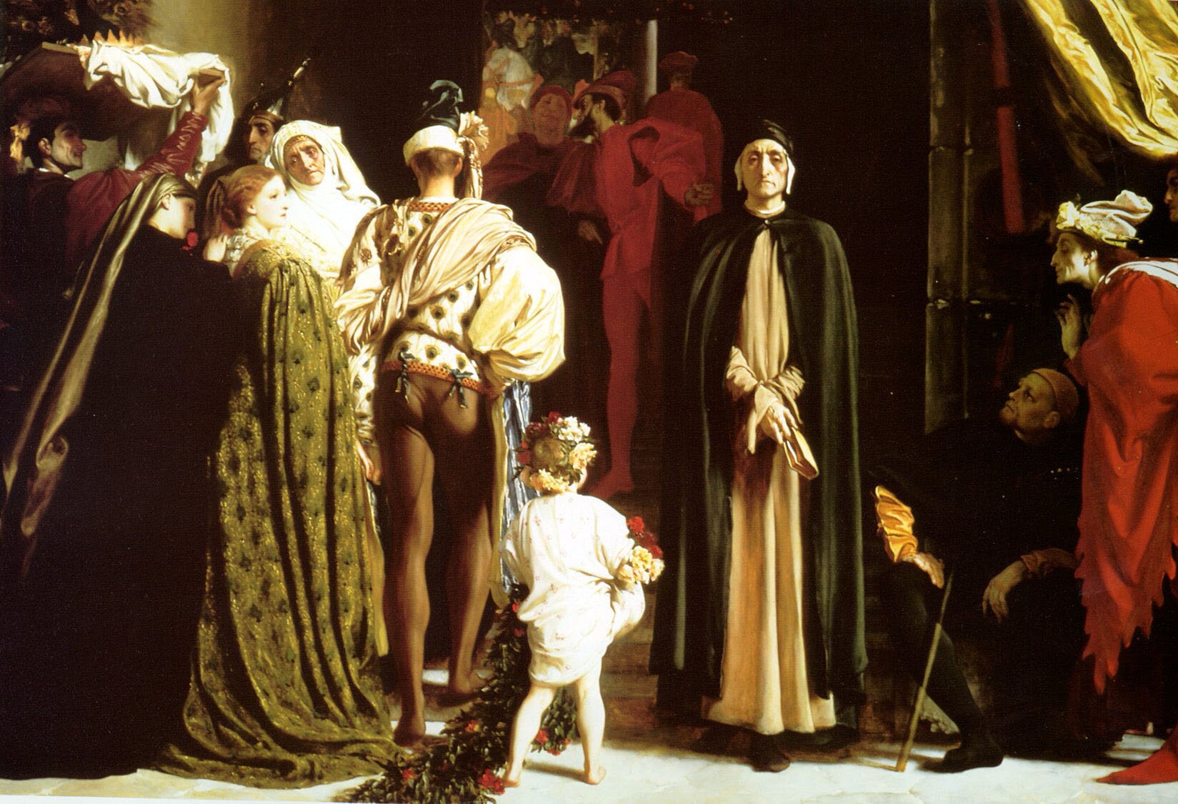 Dante na wygnaniu Przyjrzyj się obrazowi. Na podstawie gestów i wyrazu twarzy określ emocje poszczególnych postaci. Źródło: Frederic Leighton, Dante na wygnaniu, około 1864, olej na płótnie, zbiory prywatne, domena publiczna.