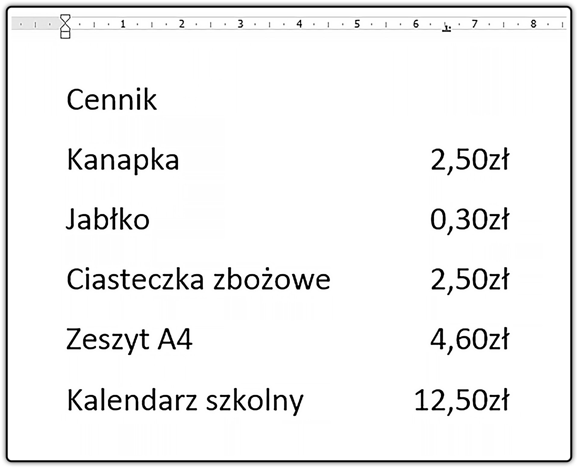 Zrzut dokumentu z fragmentem cennika sklepiku szkolnego wykonany z użyciem tabulatorów