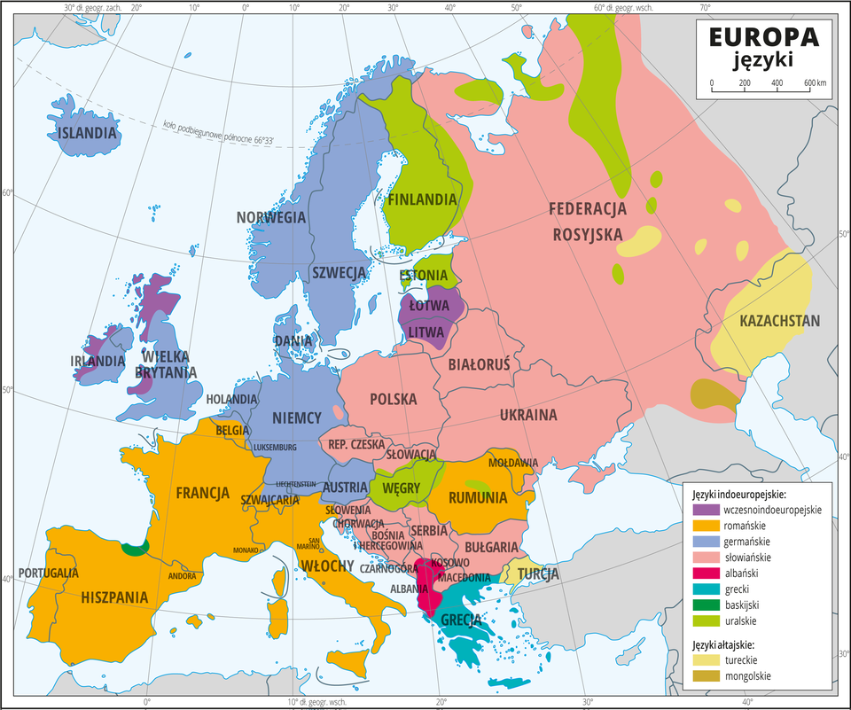Ilustracja przedstawia mapę Europy. Na mapie granice państw. Nazwy państw opisano. Kolorami przedstawiono języki – w przeważającej części Europy języki indoeuropejskie (słowiańskie, germańskie, romańskie, albański, grecki, baskijski, uralskie, wczesnoindoeuropejskie), dalej na wschód języki ałtajskie: mongolskie, tureckie. Mapa zawiera południki i równoleżniki, dookoła mapy w białej ramce opisano współrzędne geograficzne co dziesięć stopni.